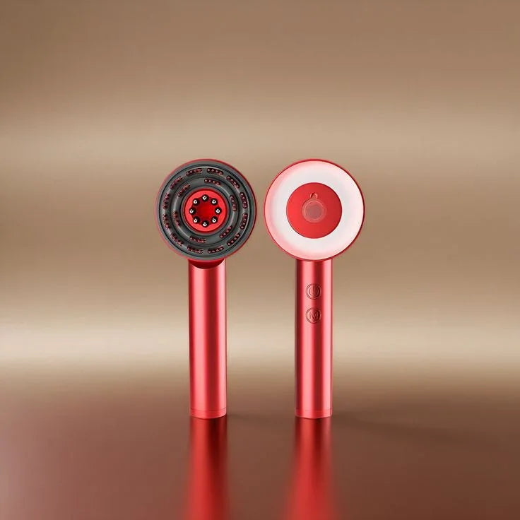 Red Glow Grow Hair Therapy Combs with LED lights on gold background