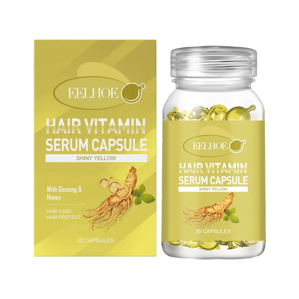 Eelhoe Hair Vitamin Serum Capsule shiny yellow box and bottle with ginseng and honey, 30 capsules