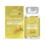 Eelhoe Hair Vitamin Serum Capsule shiny yellow box and bottle with ginseng and honey, 30 capsules