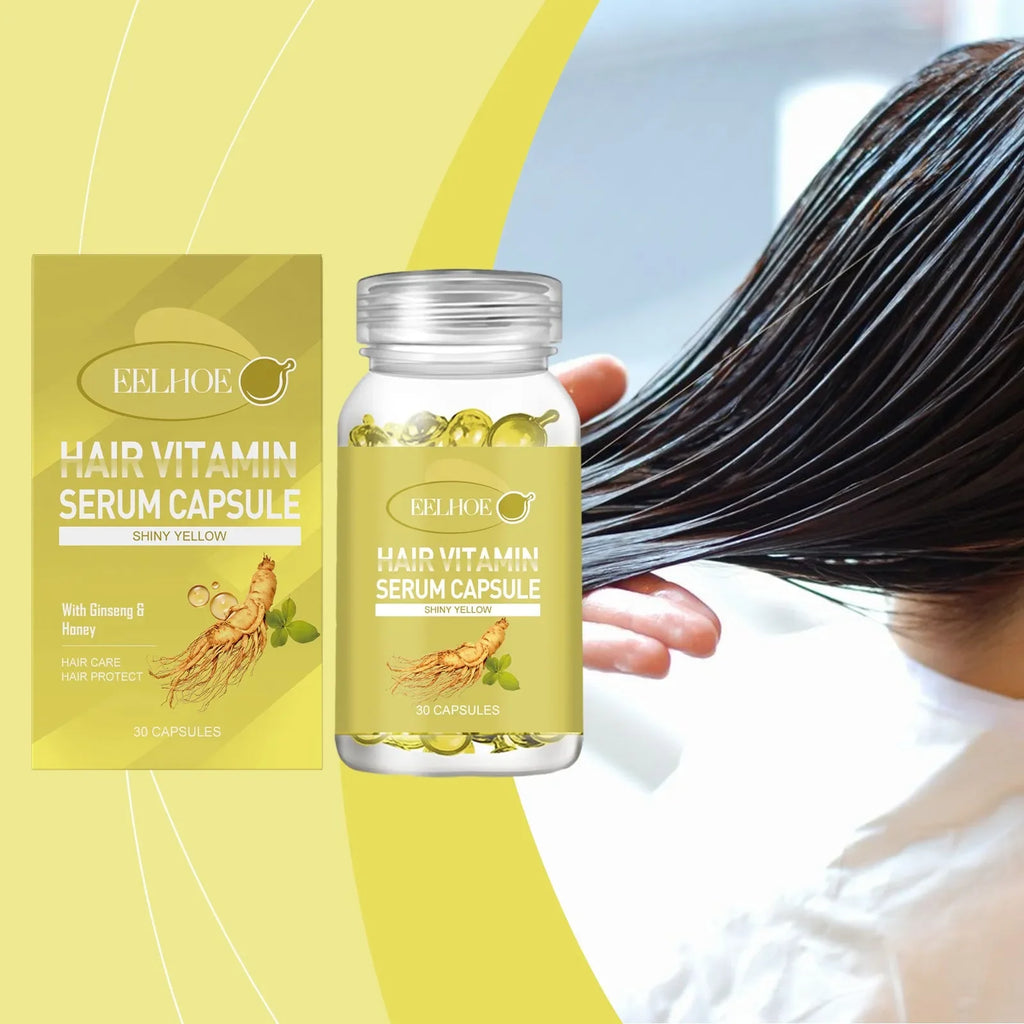 Eelhoe Hair Vitamin Serum Capsule with ginseng and honey, shiny yellow, next to wet hair.