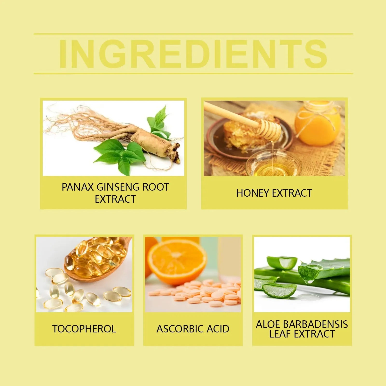 Collage of skincare ingredients: ginseng root, honey, vitamin E capsules, orange tablets, aloe leaf.