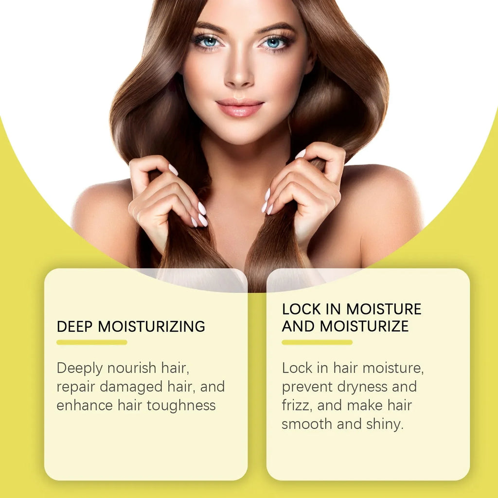 Woman with smooth, shiny hair promoting deep moisturizing and anti-frizz hair care benefits.