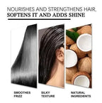 Smooth hair, silky texture, and coconut ingredients for hair nourishment and shine benefits.