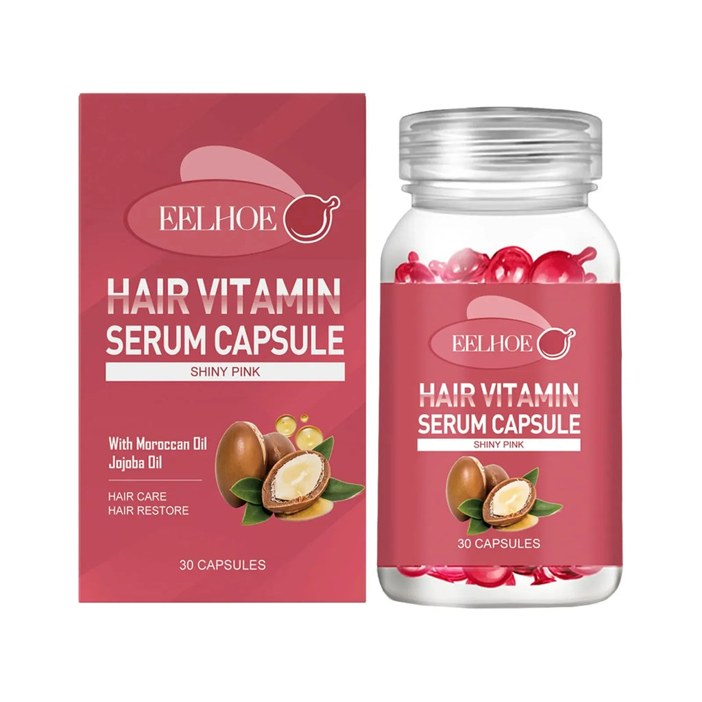 Eelhoe Hair Vitamin Serum Capsule box and bottle, shiny pink capsules, Moroccan oil, jojoba oil.