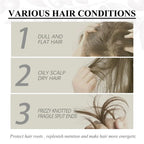 Various hair conditions chart with images showing dull hair, oily scalp, frizzy split ends