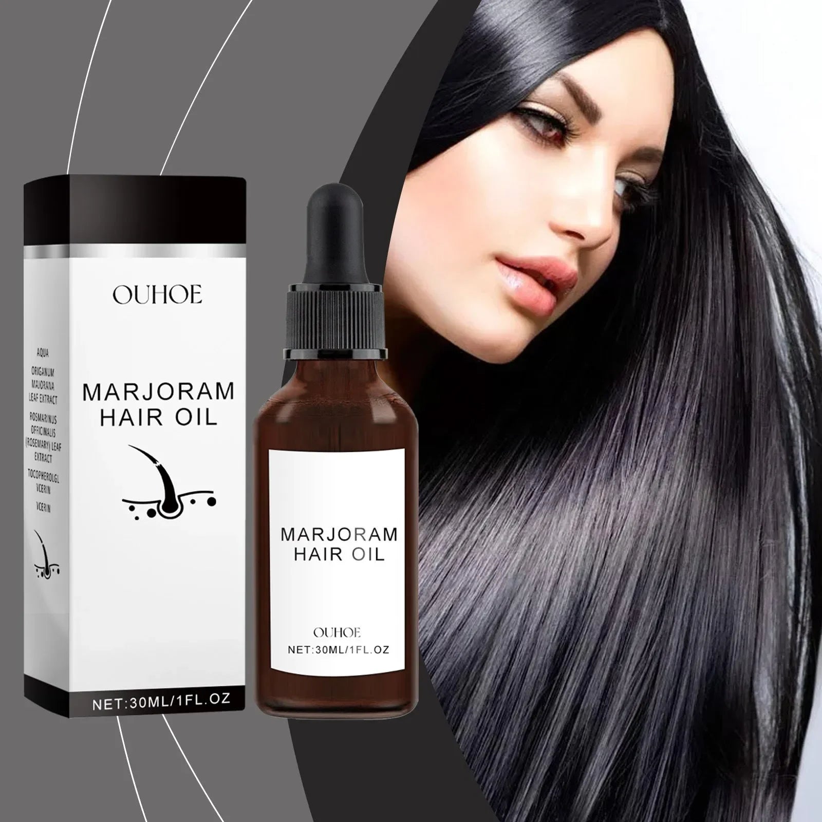 OUHOE Marjoram Hair Oil bottle and box with woman showing shiny, straight black hair