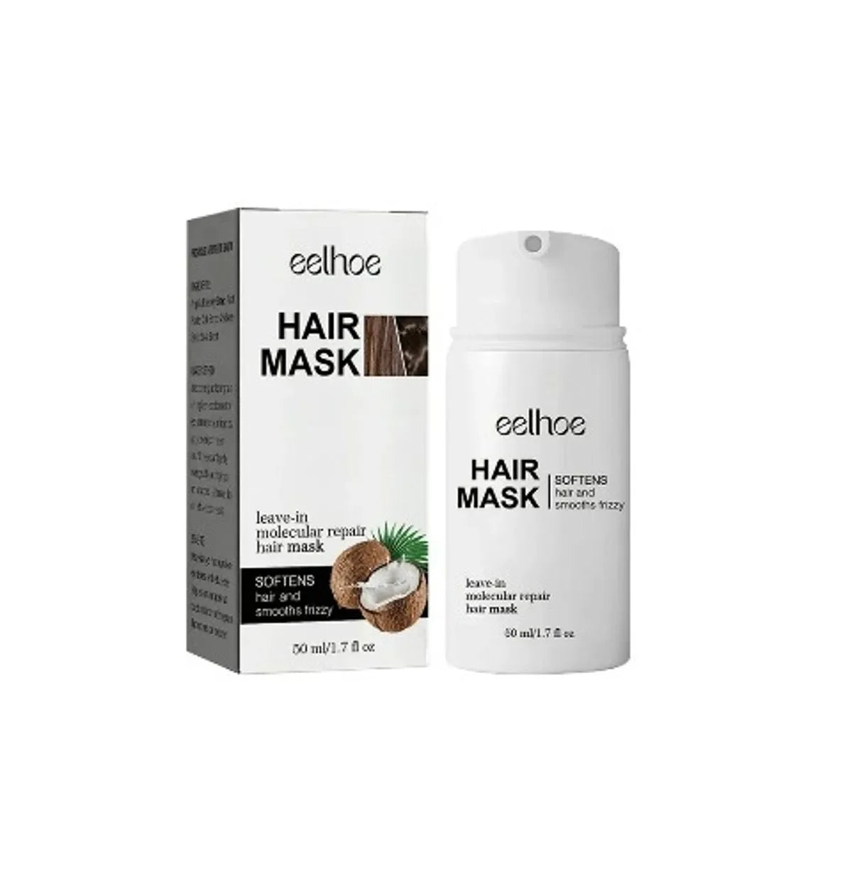 Eelhoe hair mask leave-in molecular repair bottle and box with coconut image on white background