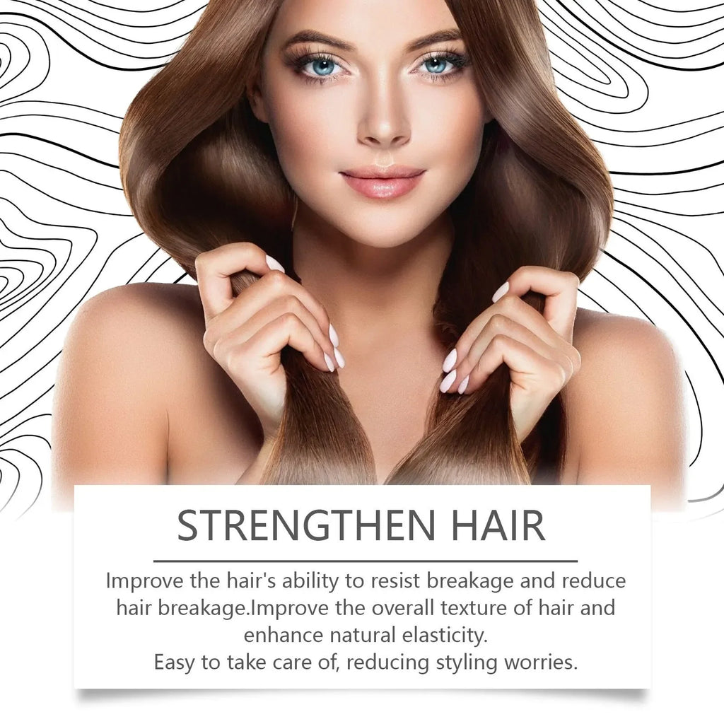 Woman with smooth, shiny hair holding strands, strengthen hair care, healthy hair concept