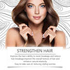 Woman with smooth, shiny hair holding strands, strengthen hair care, healthy hair concept