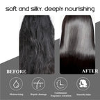 Before and after comparison of hair, showing transformation from frizzy to smooth, shiny hair.